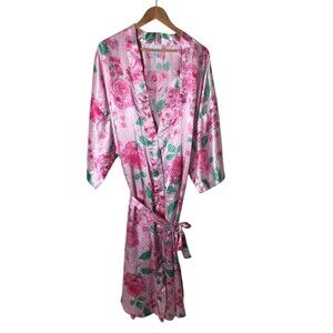 Serenada Robe Women's Size 3X Pink Floral Long Sleeve Satin